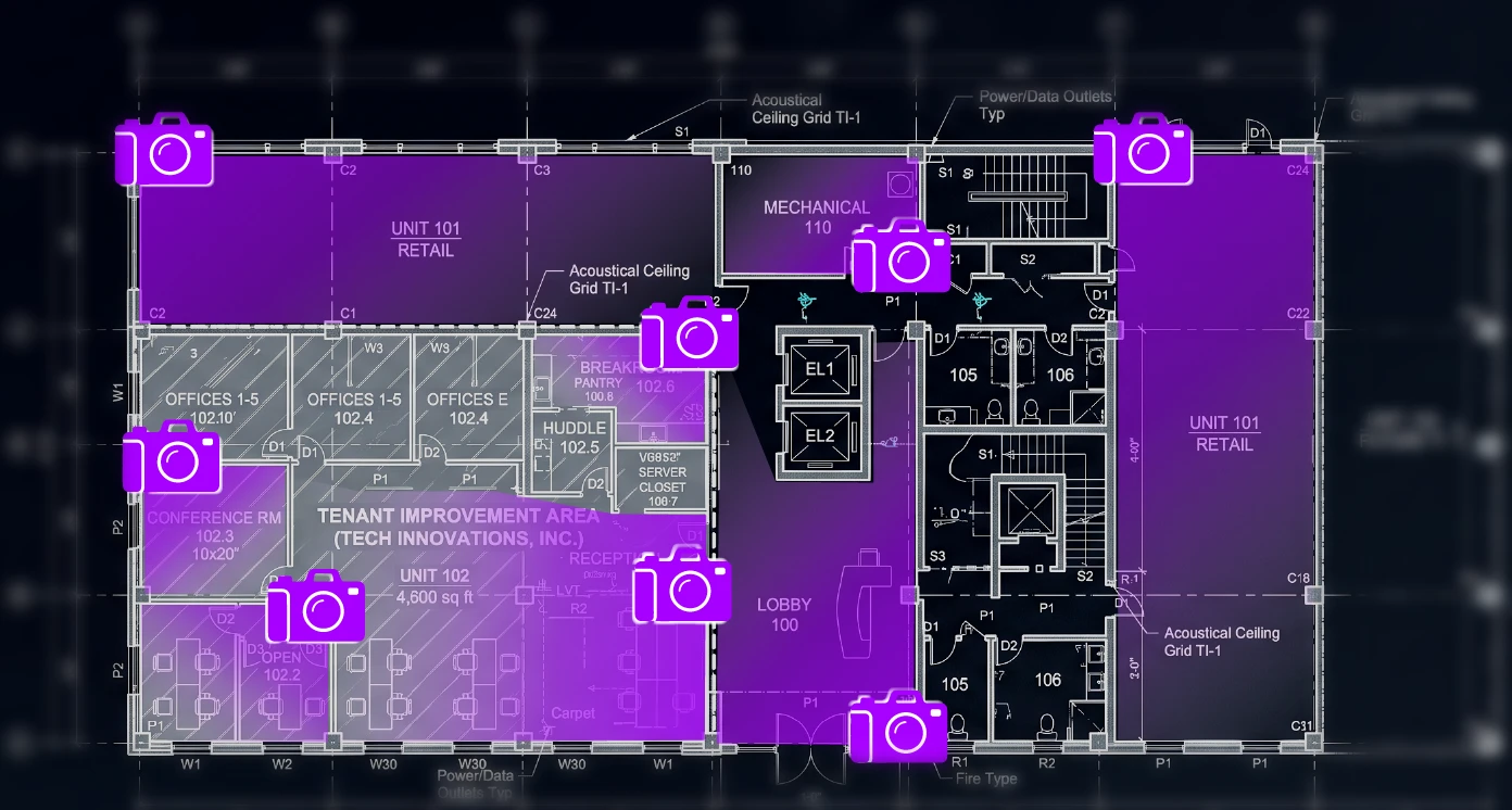 Illustration of distributed NiceTake camera viewpoints positioned throughout multiple construction spaces